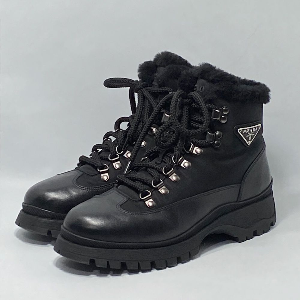 Prada Brixxen 38 Shearling-Lined Leather & Nylon Hiking Boots size 37.5 - Picture 2 of 13